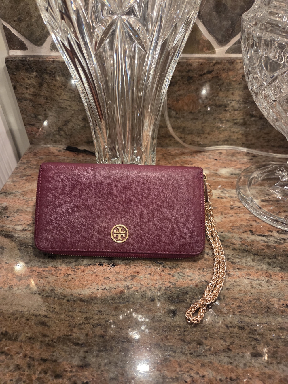 Tory Burch Burgundy Saffiano Leather Wristlet with Gold Chain